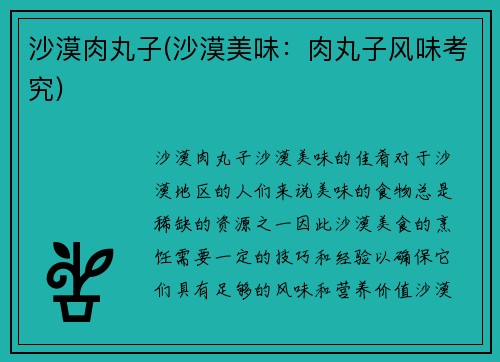 沙漠肉丸子(沙漠美味：肉丸子风味考究)