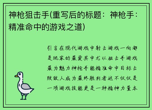 神枪狙击手(重写后的标题：神枪手：精准命中的游戏之道)